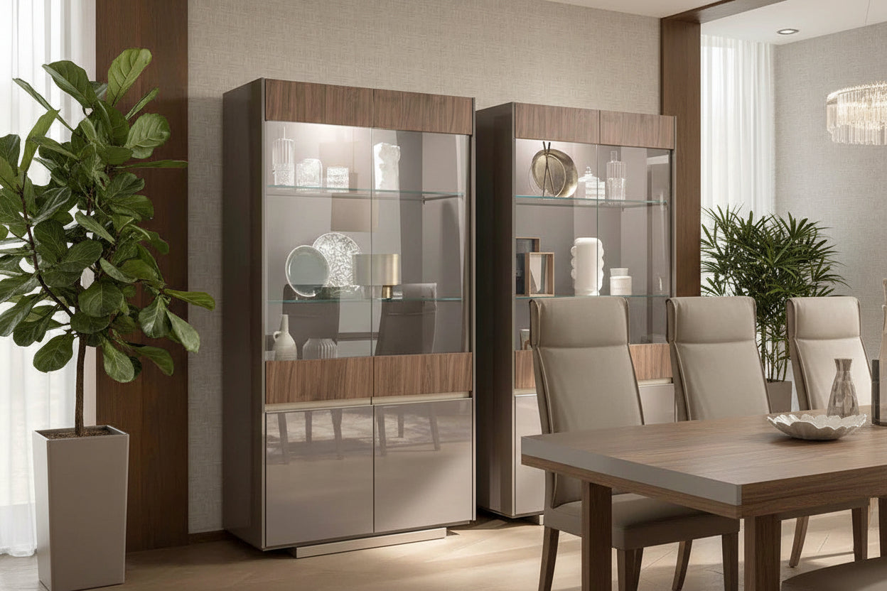 Corso Como dining room set featuring 2-door Curios, chairs, and a table.