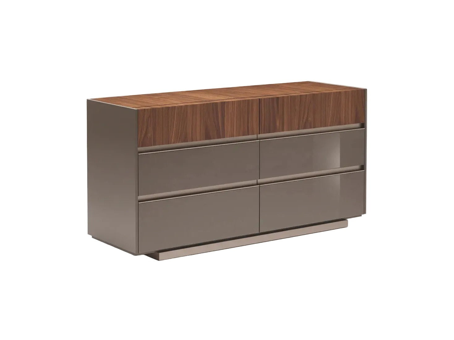 Dresser with wooden top and gray drawers on a white background