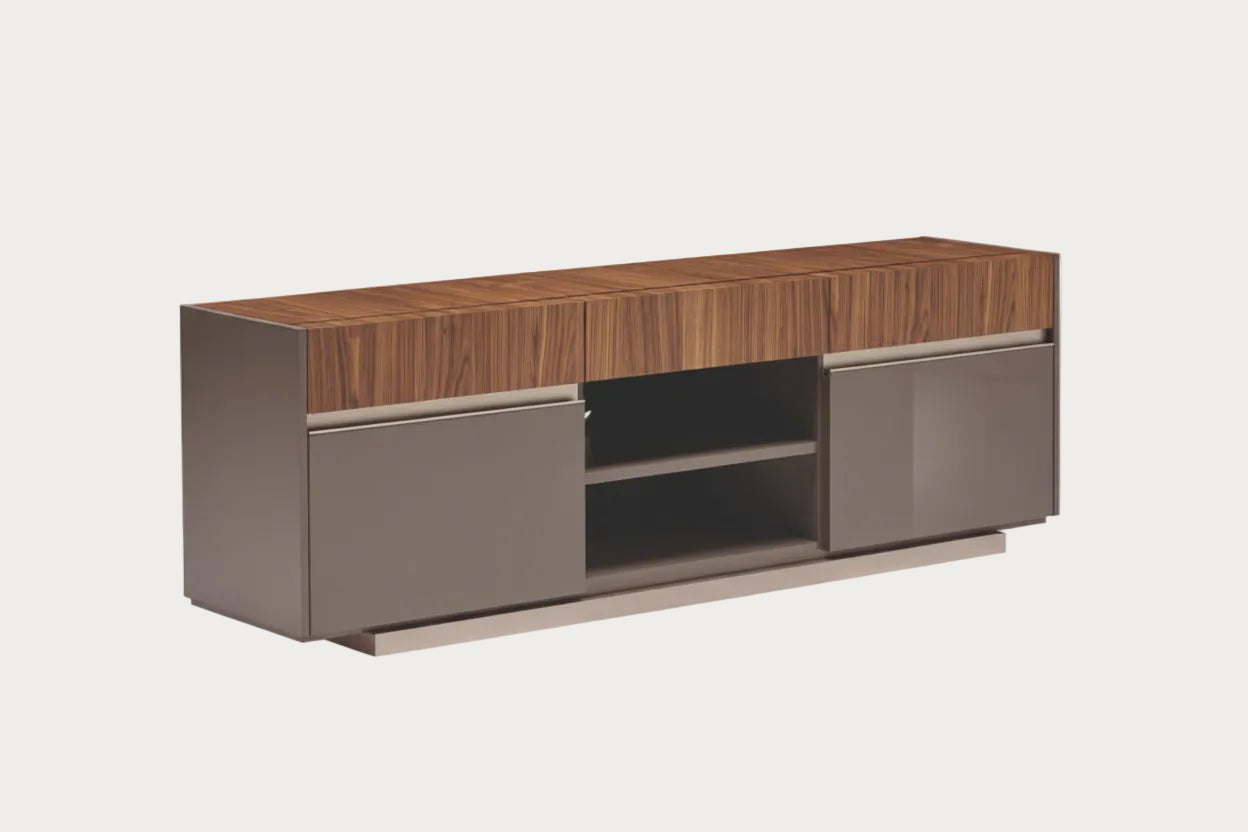 Corso Como modern TV stand with wooden top and gray sides on a white background.