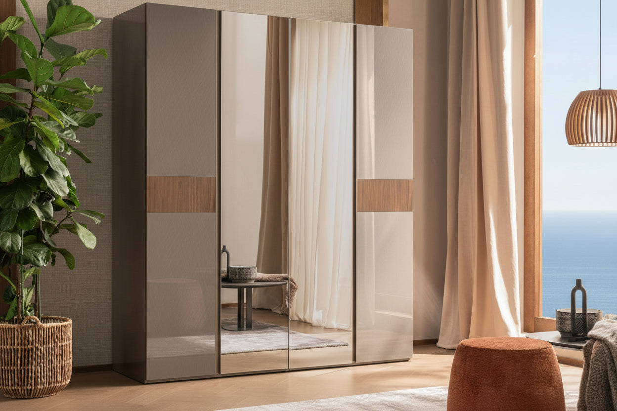 Corso Como modern wardrobe with glass doors in a room with curtains and a plant.