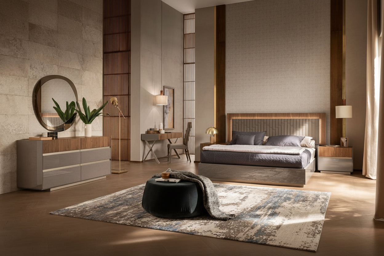 The Corso Como modern bedroom features a bed, nightstands, and decorative elements.