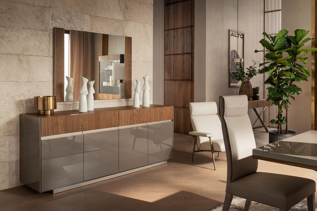 Corso Como modern sideboard and mirror and chair in a stylish room.