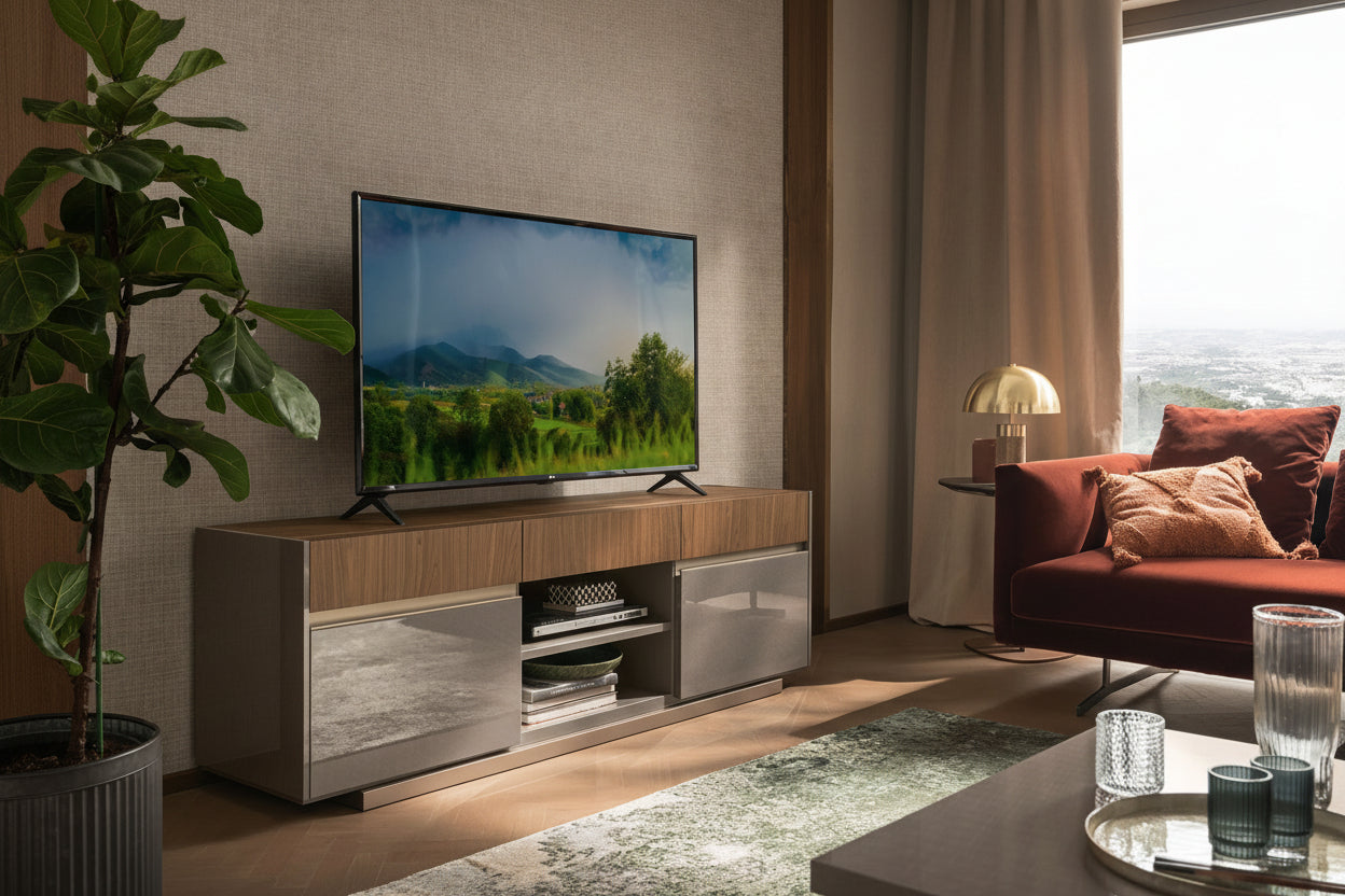 Corso Como TV Stand in a modern living room with a television on a wooden stand, a sofa, and decor items.