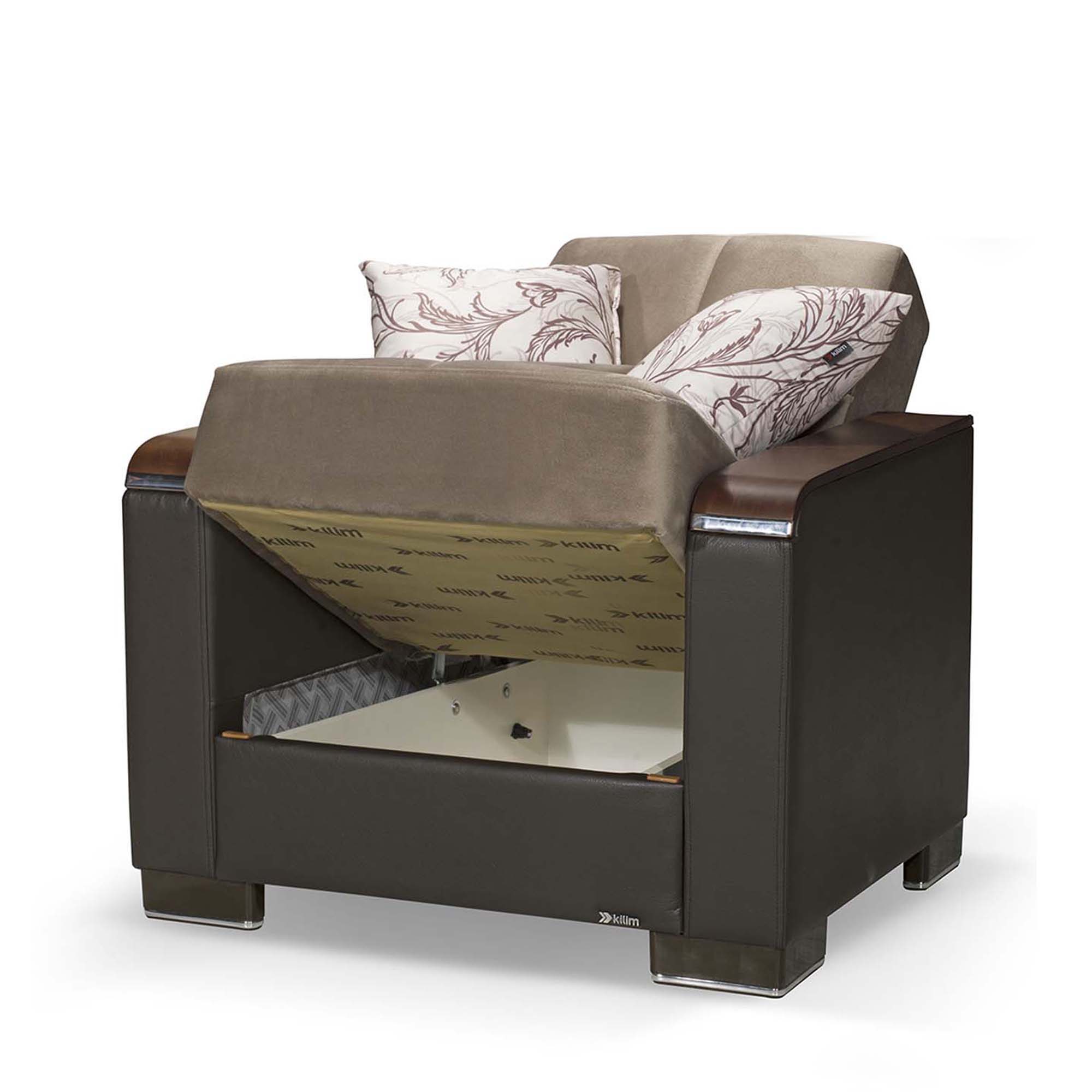 Ottomanson Armada X - Upholstered Convertible Wood Trimmed Armchair With Storage - Beige/Brown PU Chenille