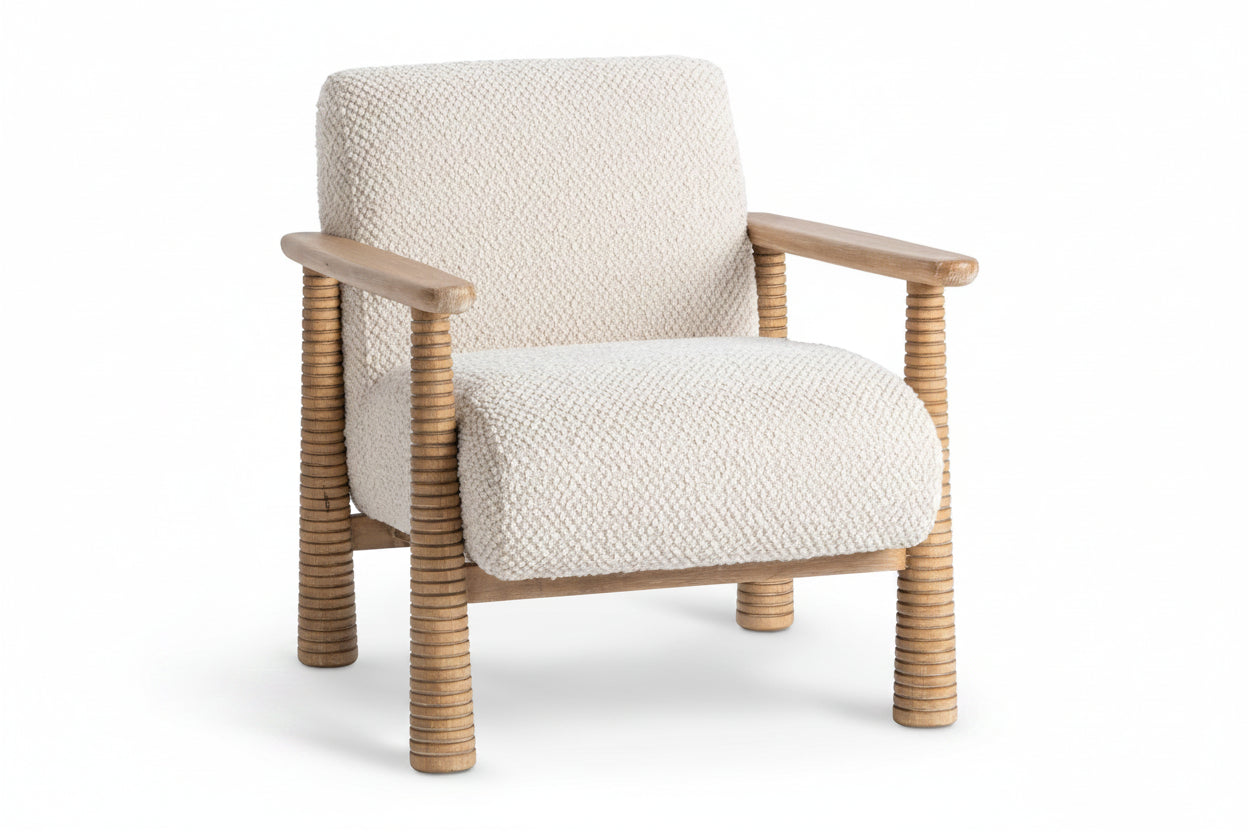 Chair with beige cushion and wooden frame on a white background