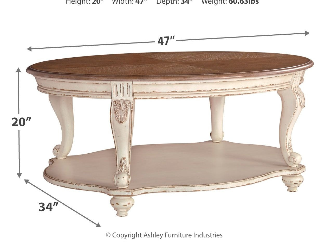 Realyn - Oval Cocktail Table - White / Brown