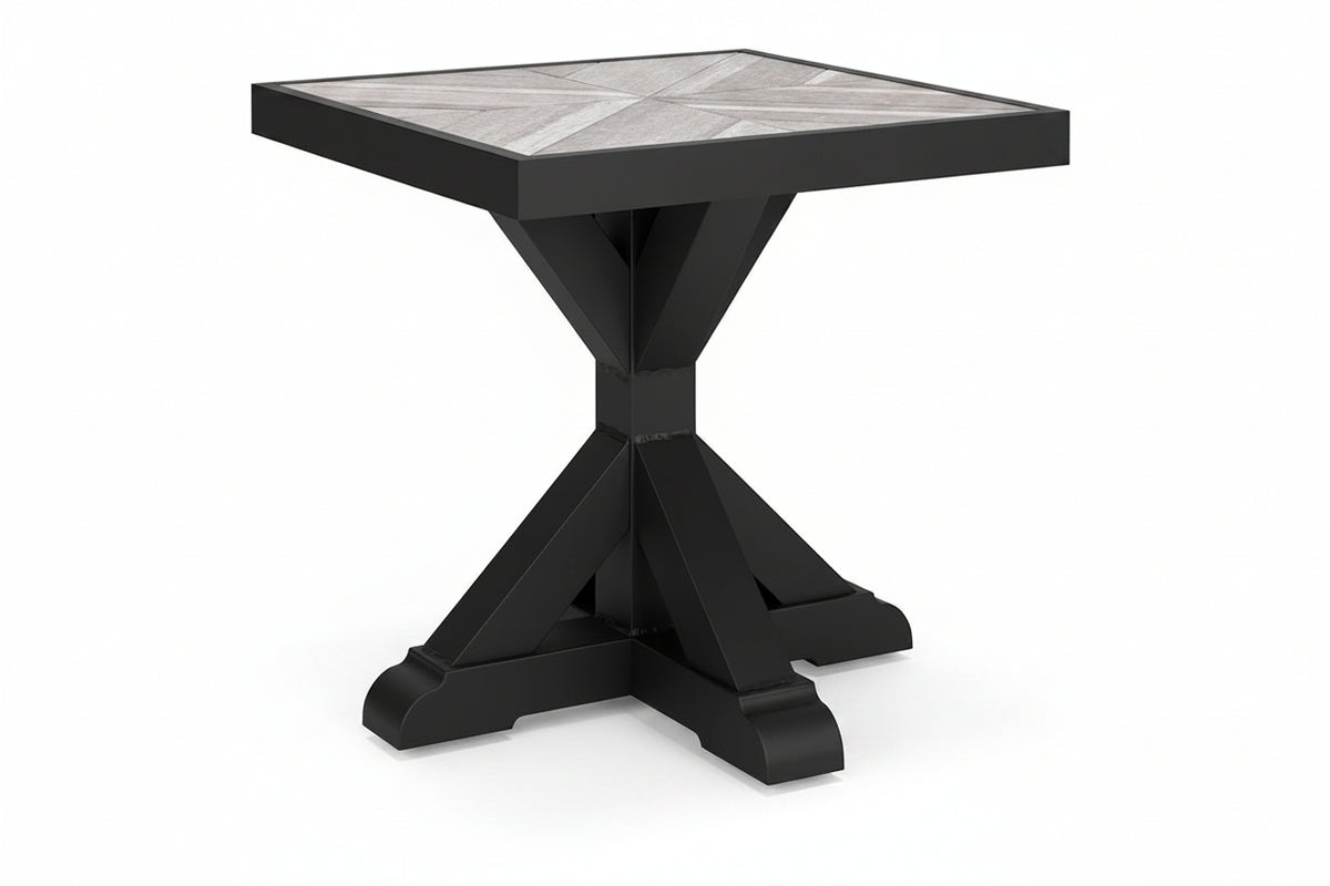Black square table with a tiled top on a white background