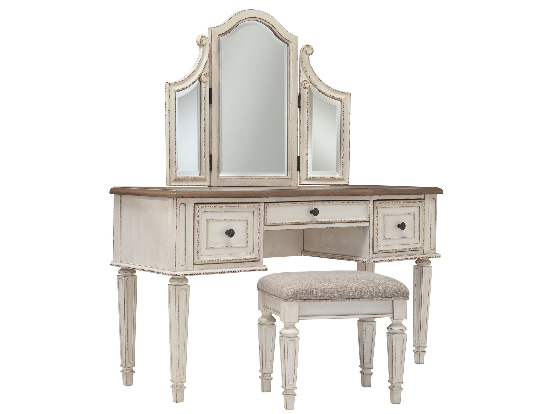 Realyn - Vanity/Mirror/Stool (Set of 3) - White / Brown / Beige