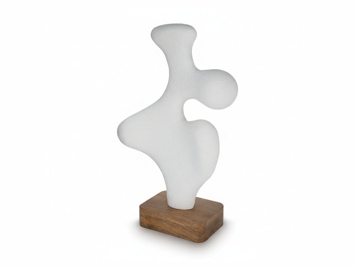 Lavarsen abstract white sculpture on a wooden base against a white background.