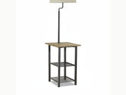 Shianne floor lamp with a rectangular table top and shelves on a white background.