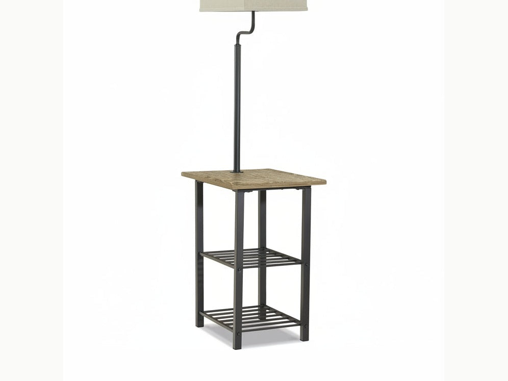 Shianne floor lamp with a rectangular table top and shelves on a white background.