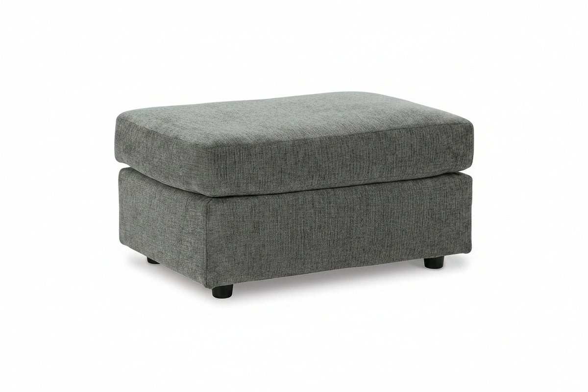 Gray upholstered ottoman on a white background
