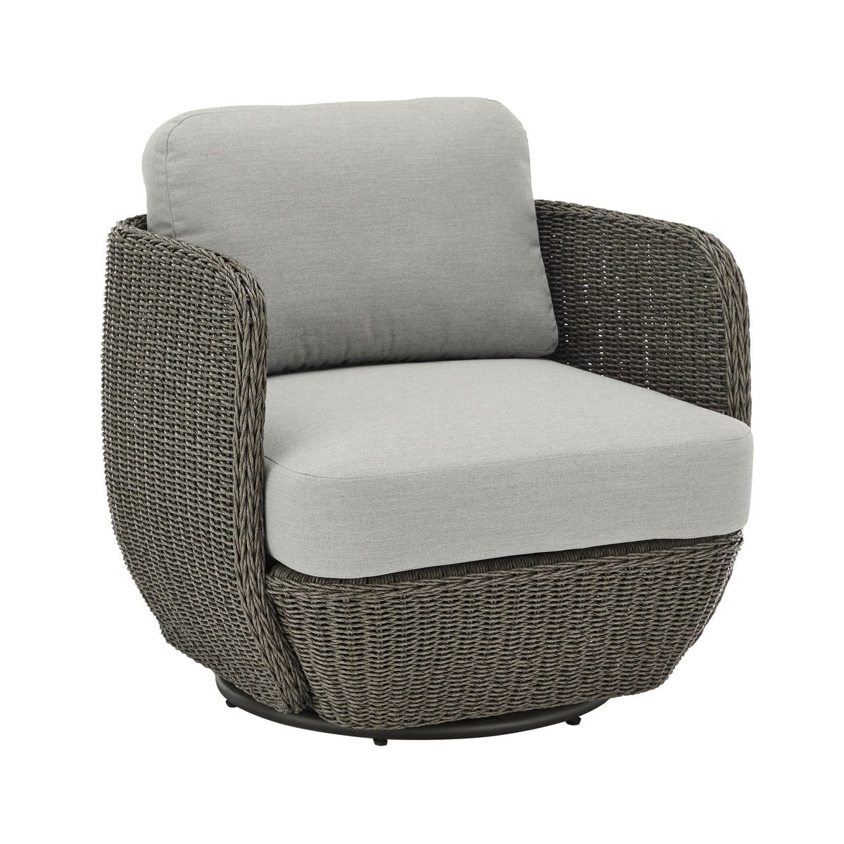 Amira - Outdoor Woven Rattan 360-Swivel Lounge Chair With Aluminum Frame And Mist Gray Cushions - Light Gray / Deep Bronze