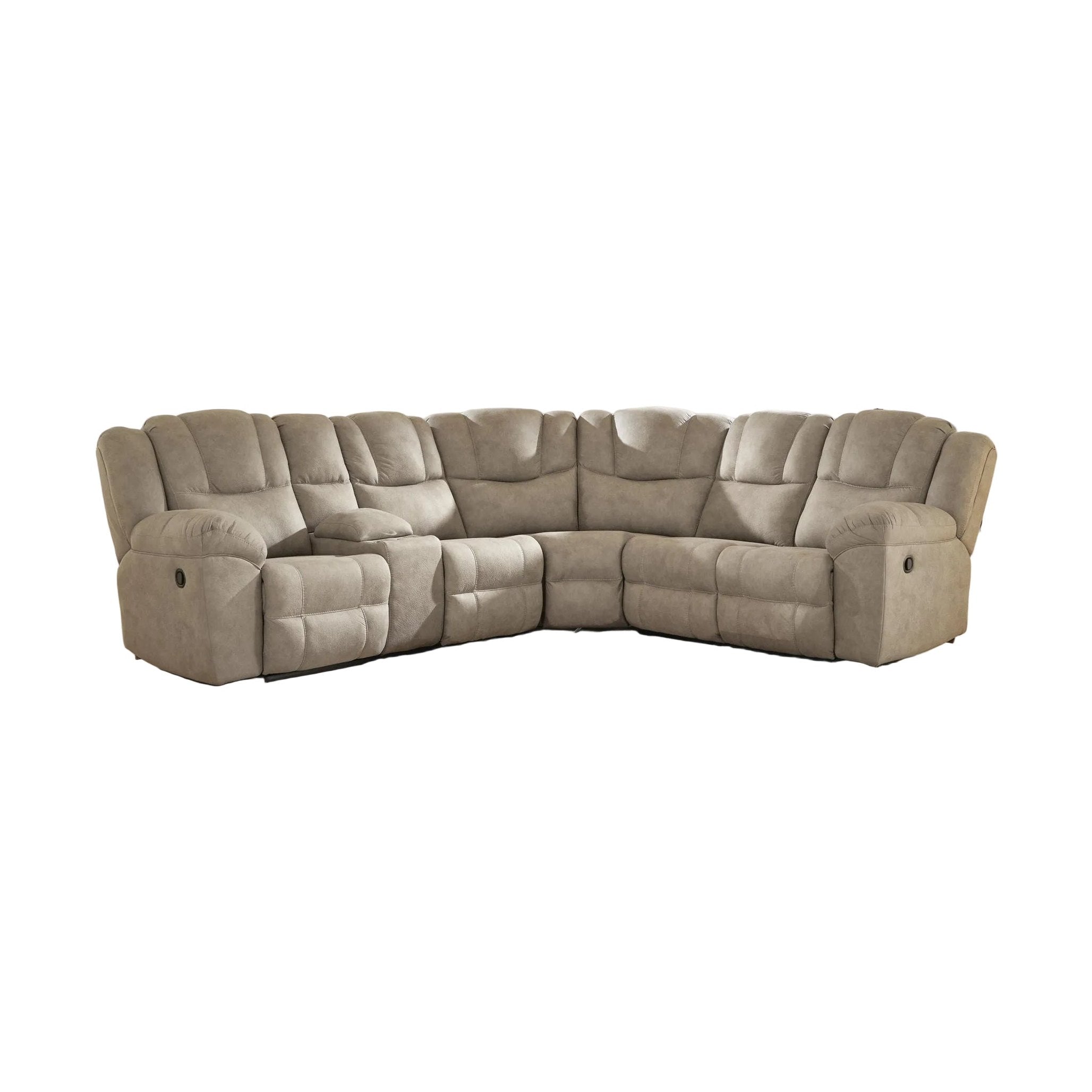 Beige sectional sofa in a bright living room with large windows.