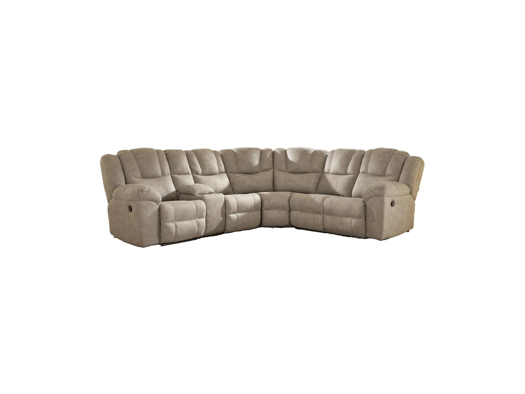 Beige sectional sofa in a bright living room with large windows.