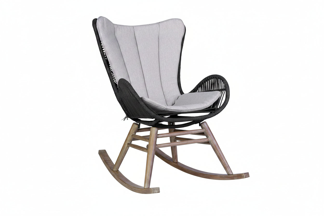 Rocking chair with gray cushion and wooden base on a white background