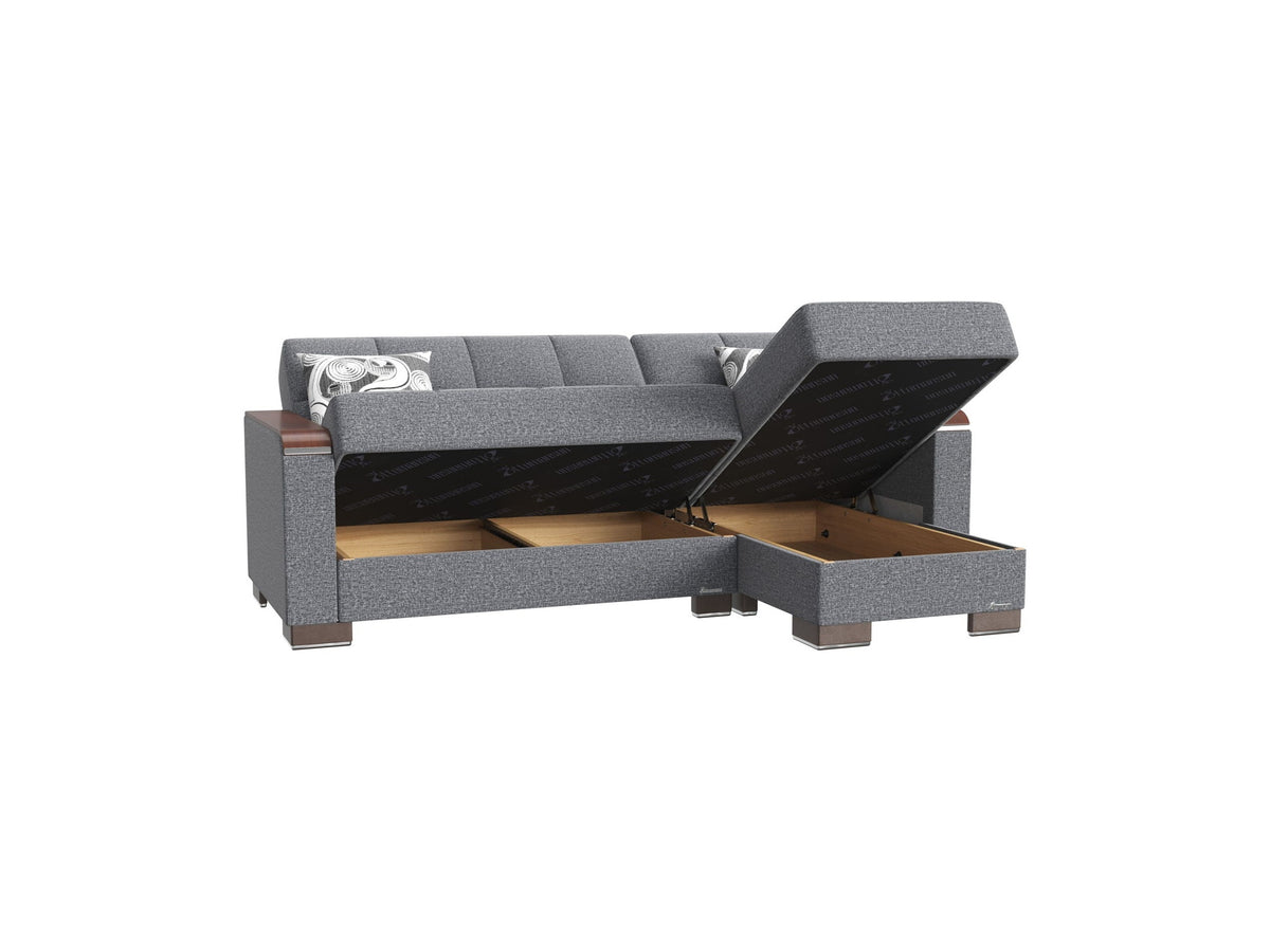 Ottomanson Armada X - Upholstered Convertible Wood Trimmed Chaise Lounge With Storage - Gray/Black PU Polyester