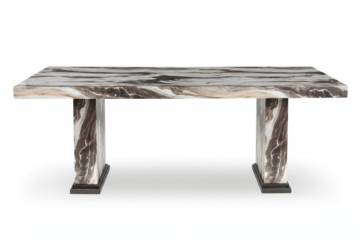 Marble-patterned dining table on a white background