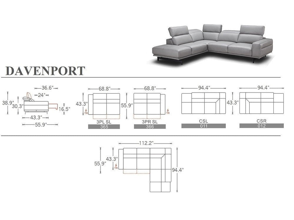 Davenport Leather Sectional, Light Gray