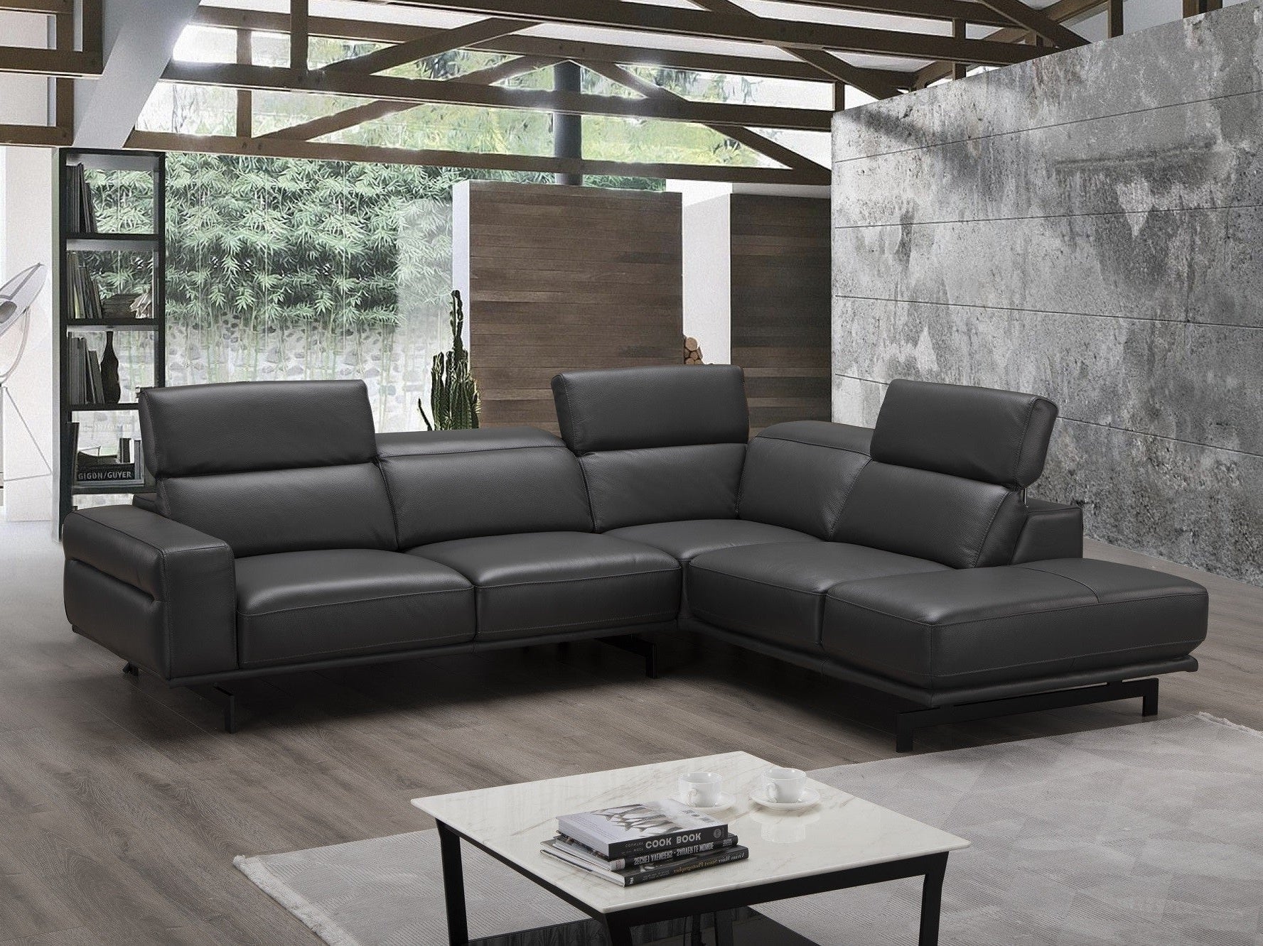 Davenport Leather Sectional, Slate Gray