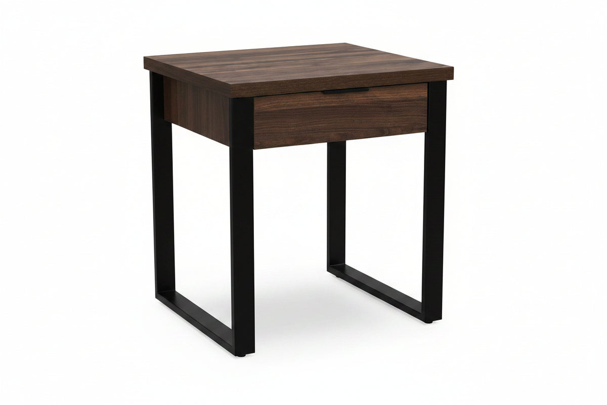 Small wooden side table with a drawer on a white background
