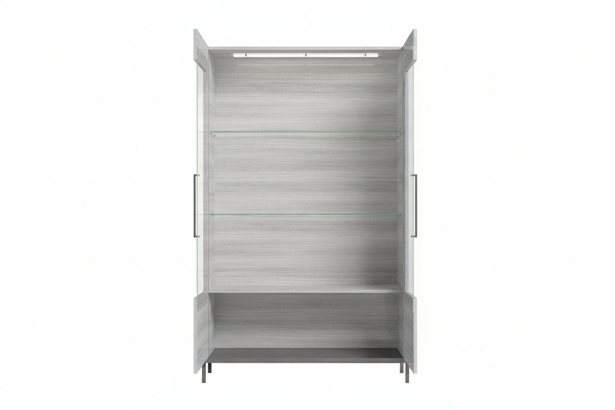 A tall, narrow storage cabinet or closet with a light gray wood-grain finish, featuring two open doors, three glass shelves, and a top light bar, shown against a plain white background.