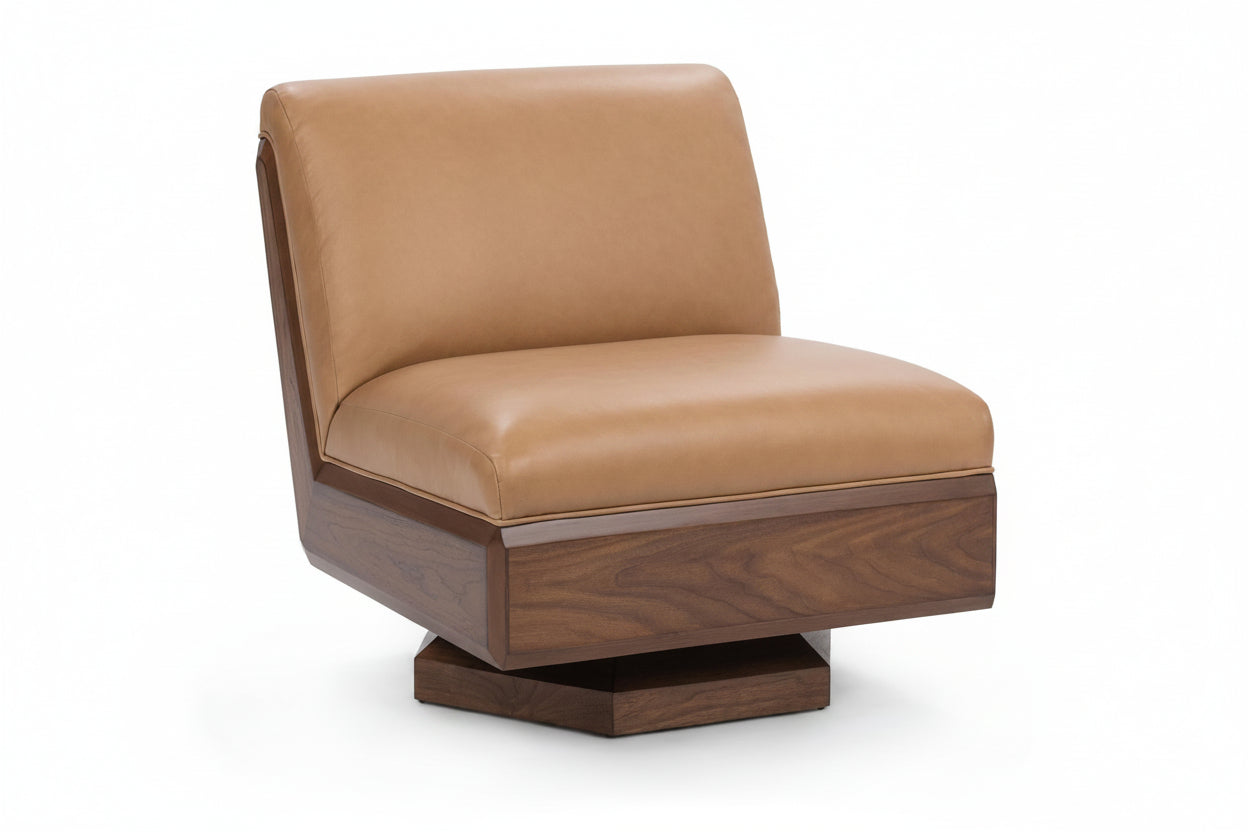 Brown leather chair with wooden frame on a white background