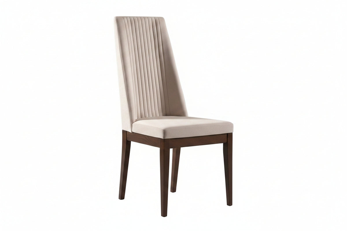 A modern dining chair with a tall, vertically ribbed upholstered backrest and seat cushion in a light beige fabric, supported by a dark brown wooden frame with tapered legs, shown against a plain white background.