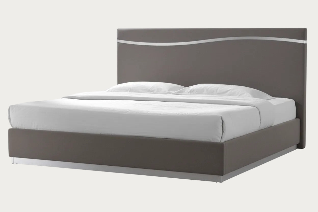 Delhi modern bed with gray frame and white mattress on a white background