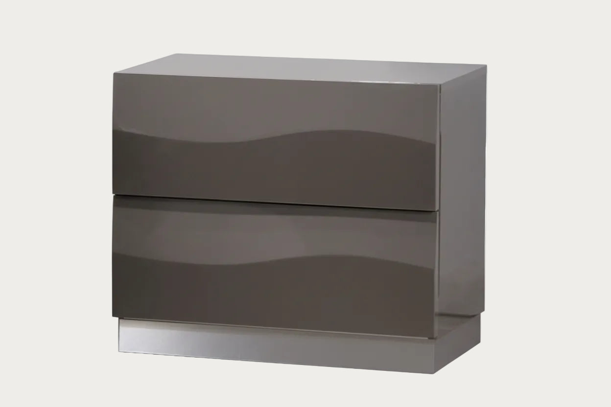 Delhi gray two-drawer nightstand on a white background