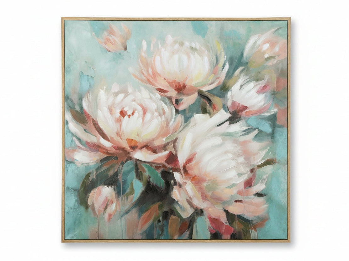 Parryville framed artwork of pink flowers on a teal background.