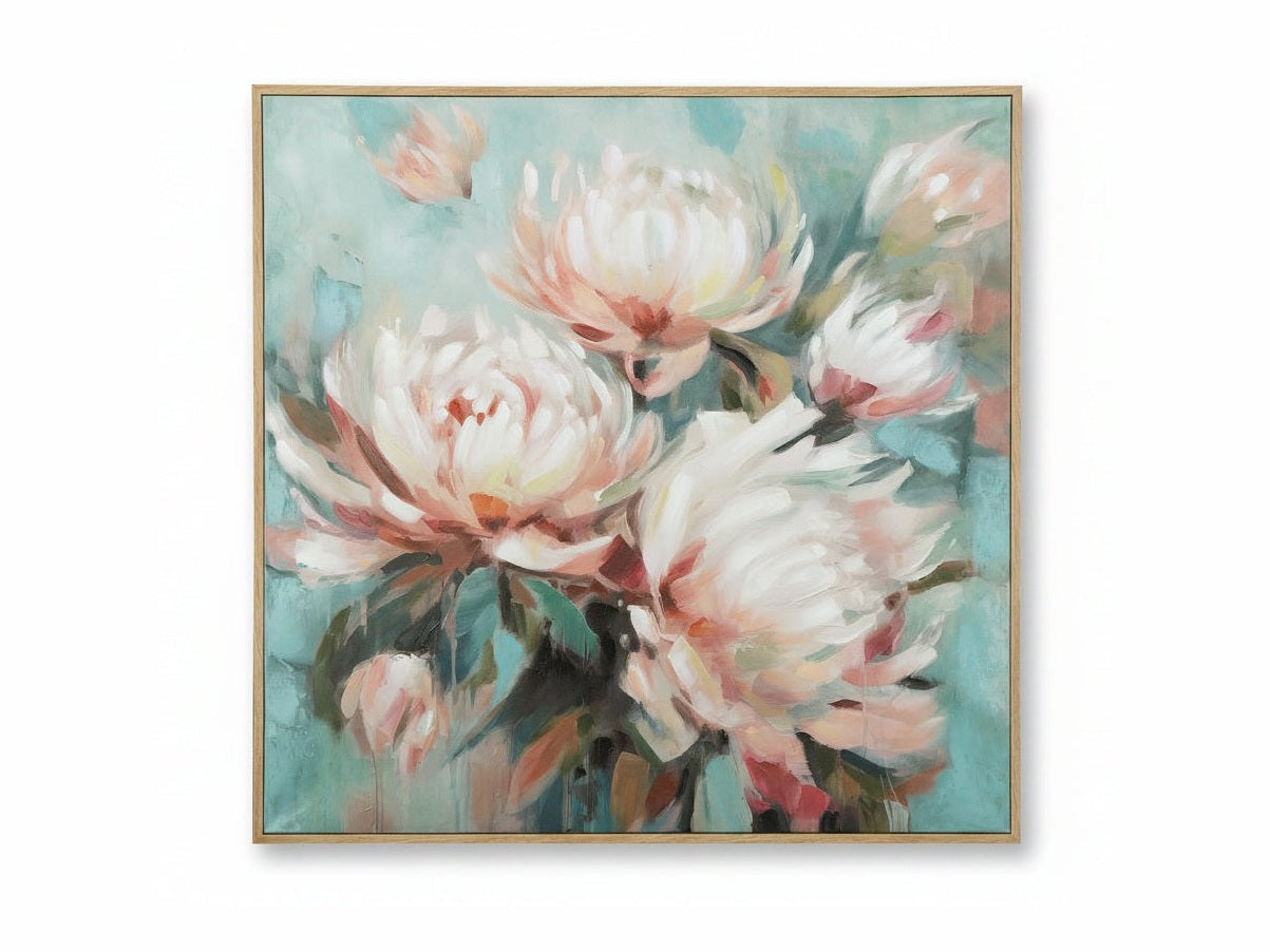 Parryville framed artwork of pink flowers on a teal background.