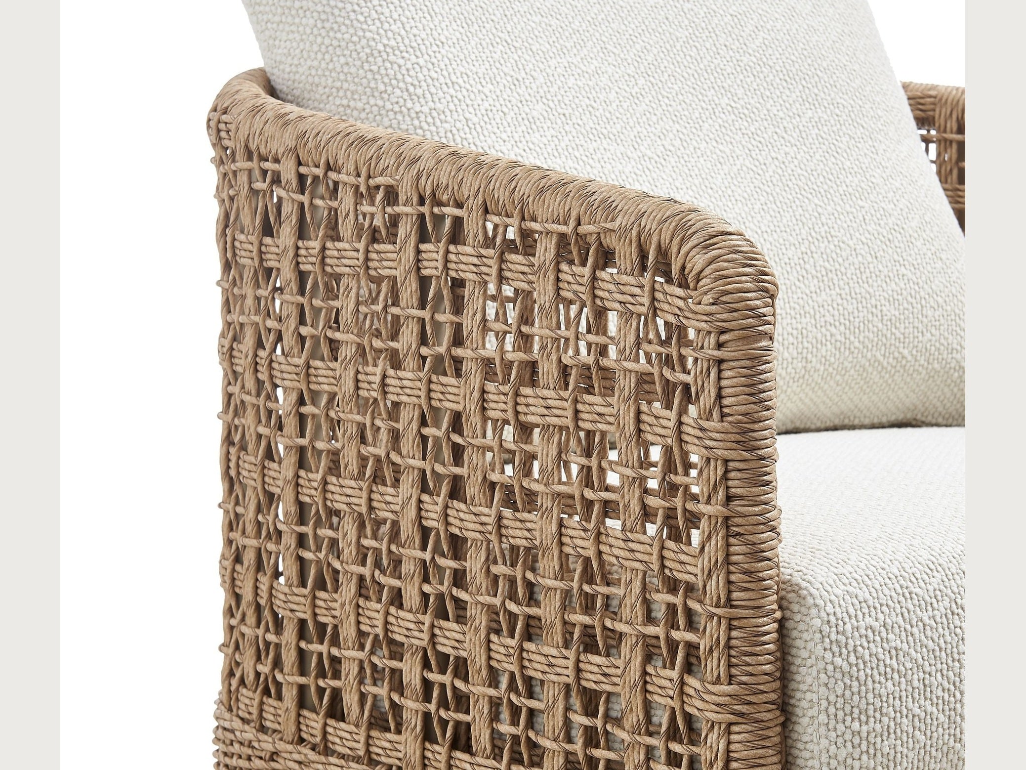 Driftbay - Metal Outdoor Swivel Lounge Chair With Cushions - Boucle White / Natural