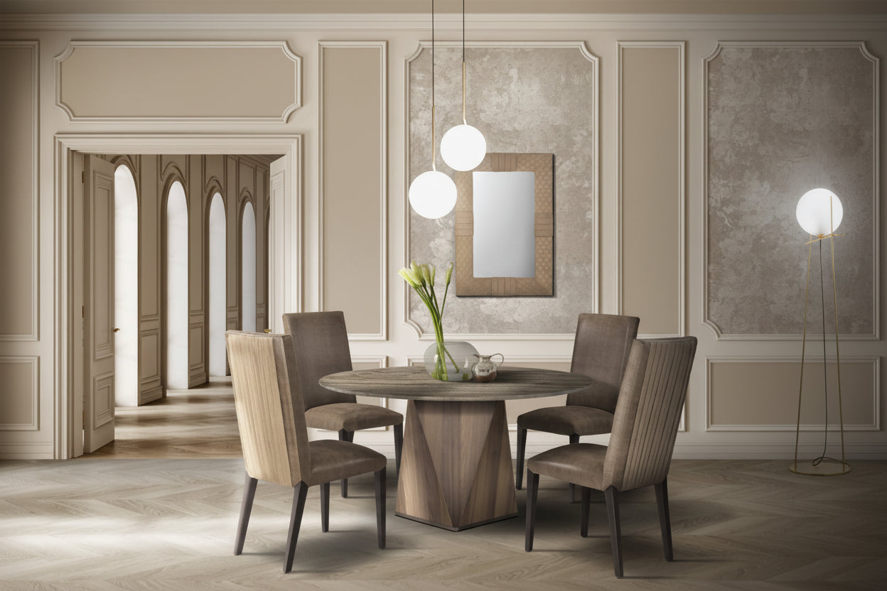 Diamond dining room set with a round wooden table and four chairs in a stylishly decorated room.