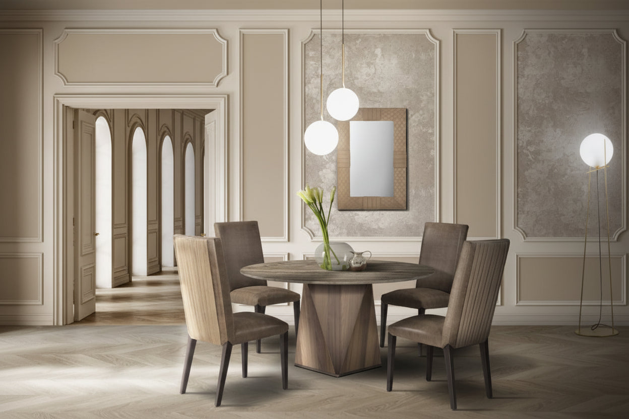 The Diamond dining room set with a round wooden table and four chairs in a stylishly decorated room.