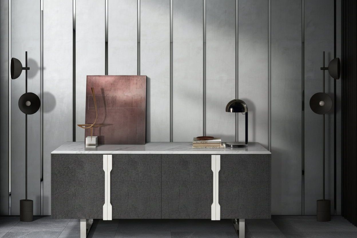 Modern interior with a sideboard against a paneled wall.