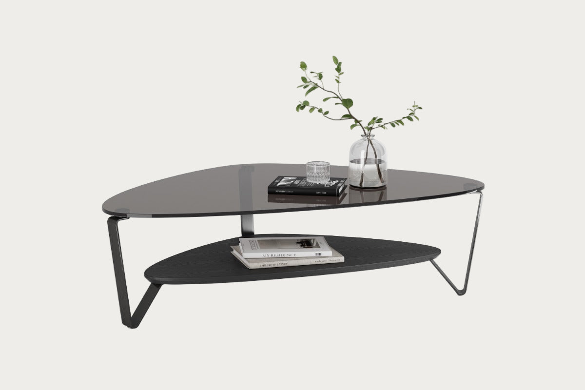 Modern black glass coffee table with decorative items on a white background