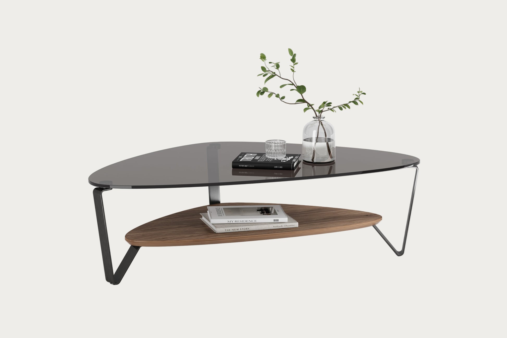 Modern coffee table with glass top and wooden shelf on a white background