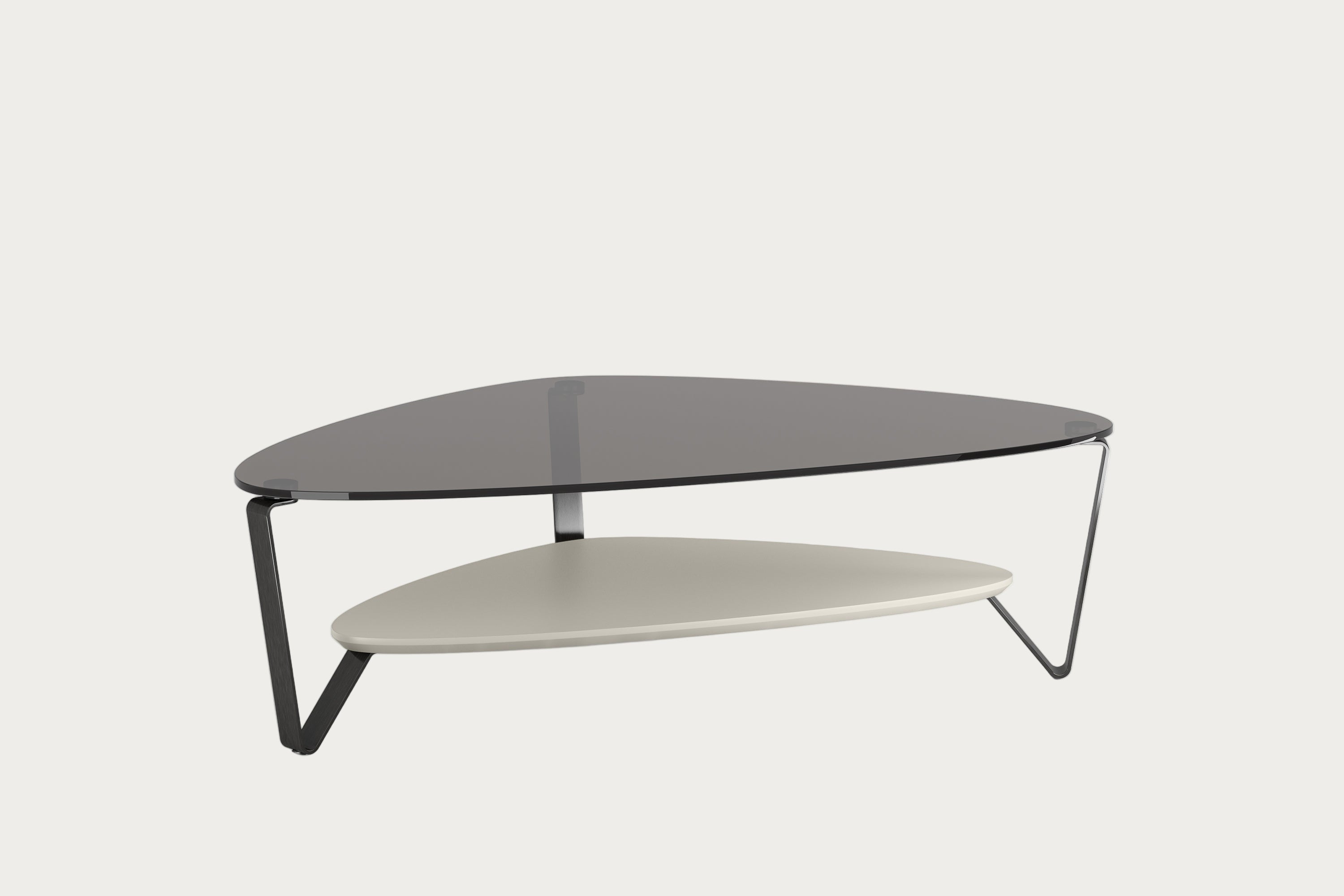 Modern coffee table with a glass top and metal frame on a white background