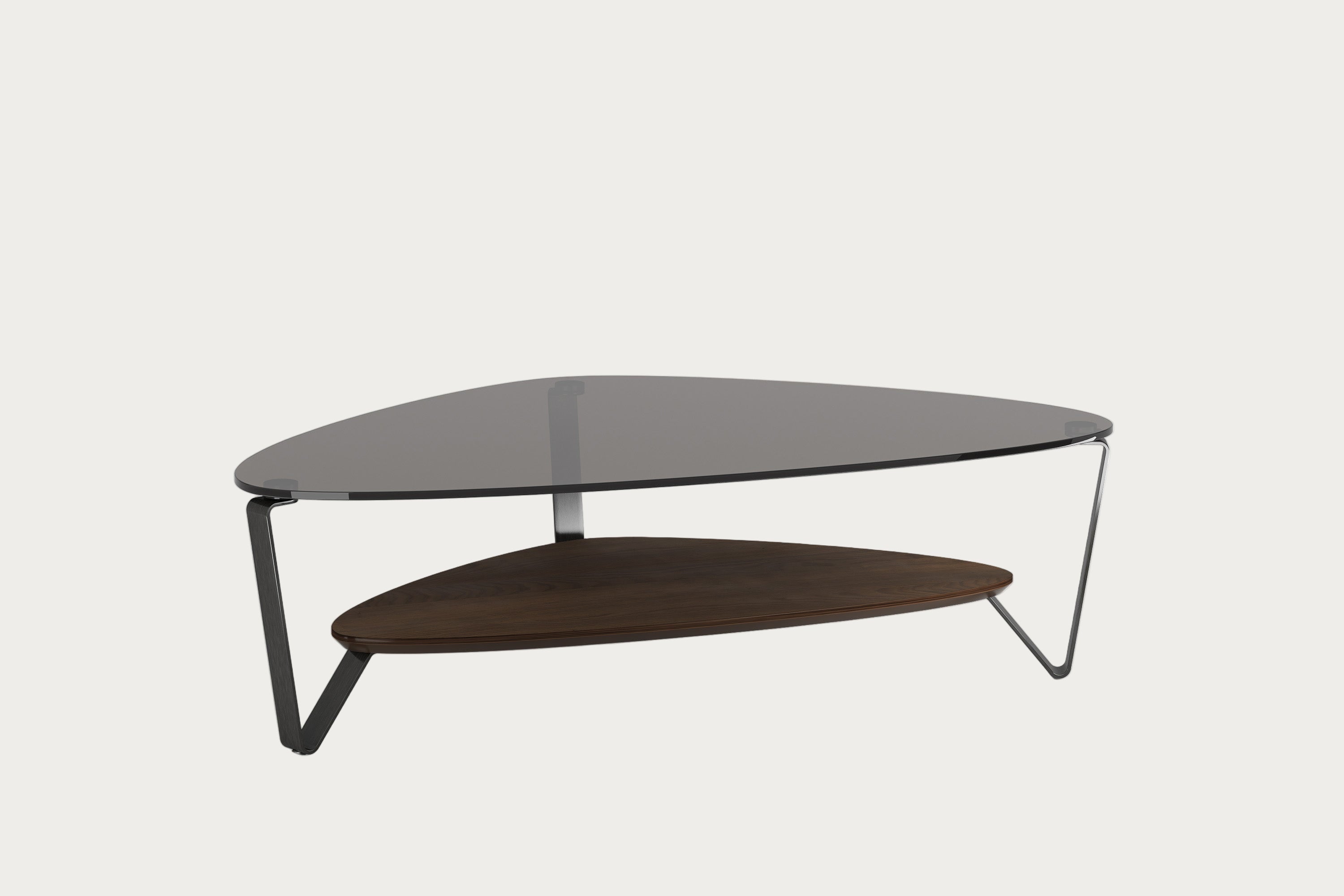 Modern coffee table with glass top and wooden shelf on a white background