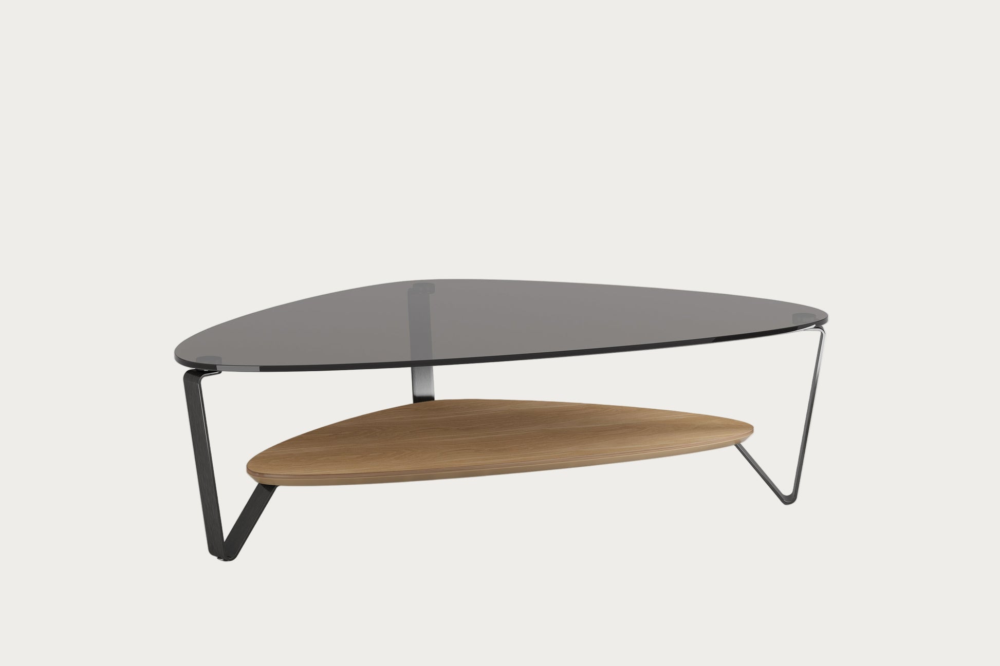 Modern coffee table with glass top and wooden shelf on a white background