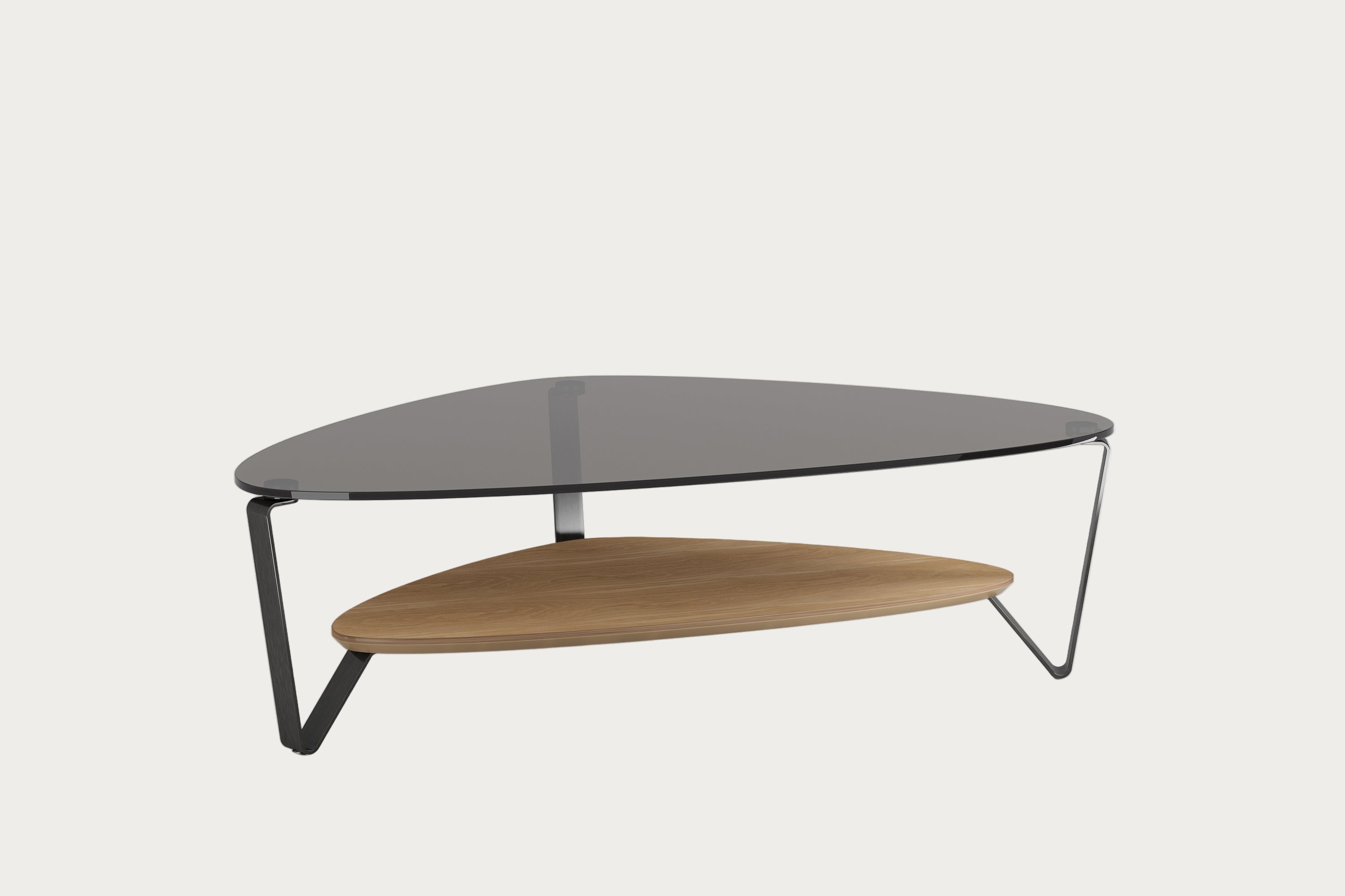 Modern coffee table with glass top and wooden shelf on a white background