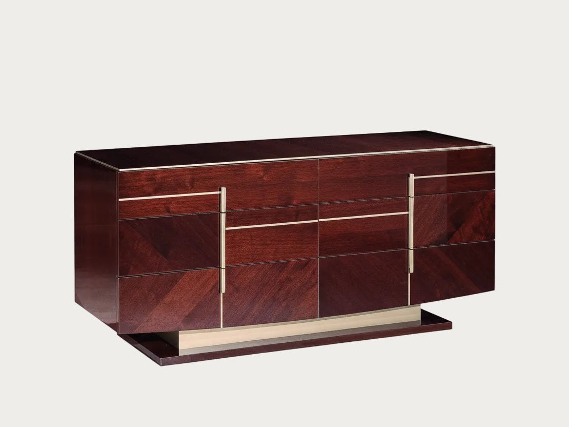 Bellagio wooden dresser with a geometric design on a white background
