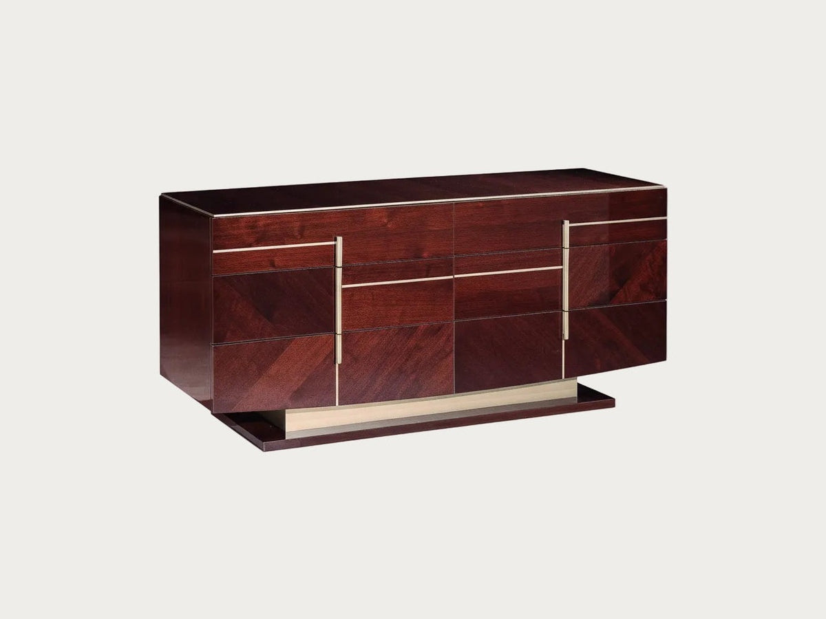 Bellagio wooden dresser with a geometric design on a white background