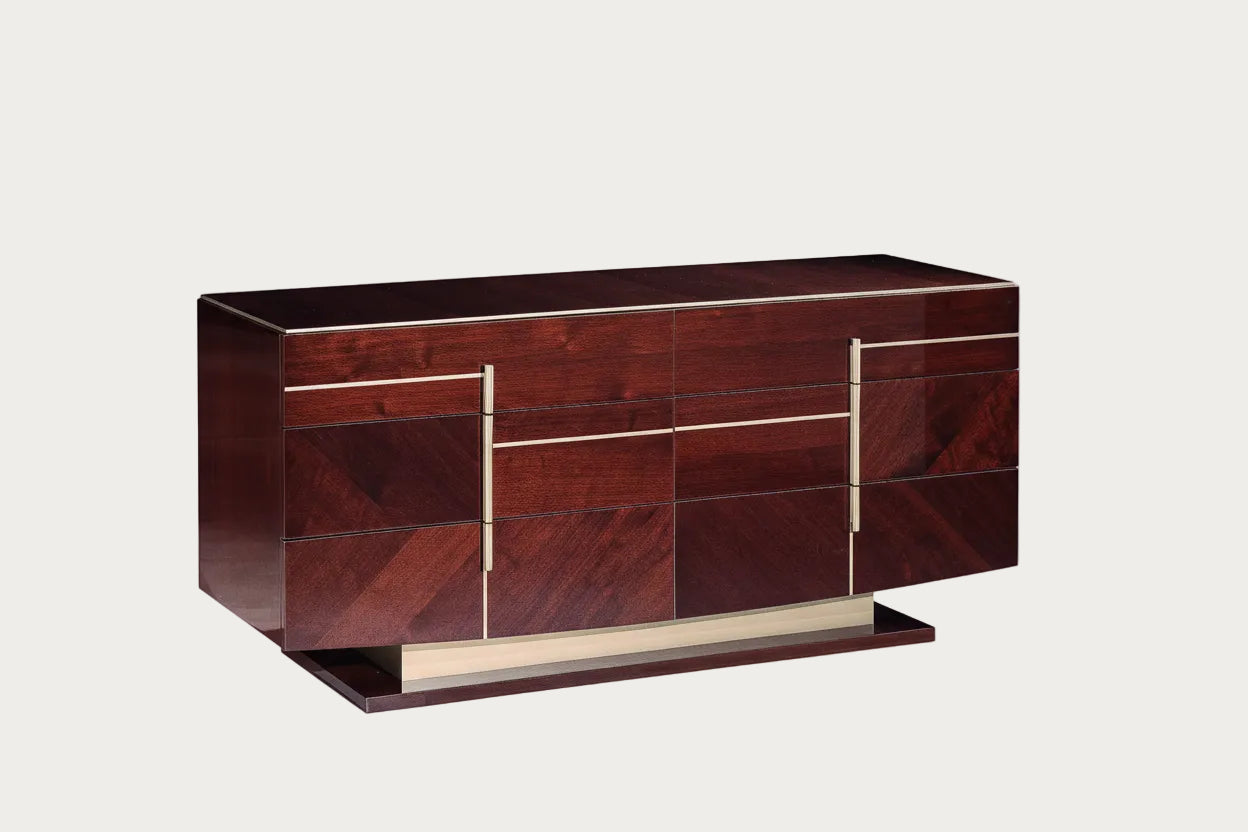 Bellagio wooden dresser with a geometric design on a white background