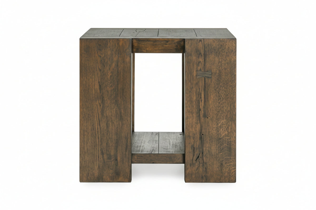 Wooden side table with a rustic finish on a white background