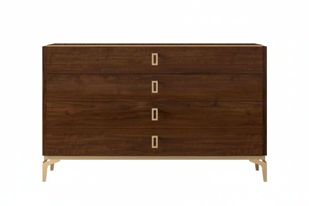 Wooden dresser with gold accents on a white background