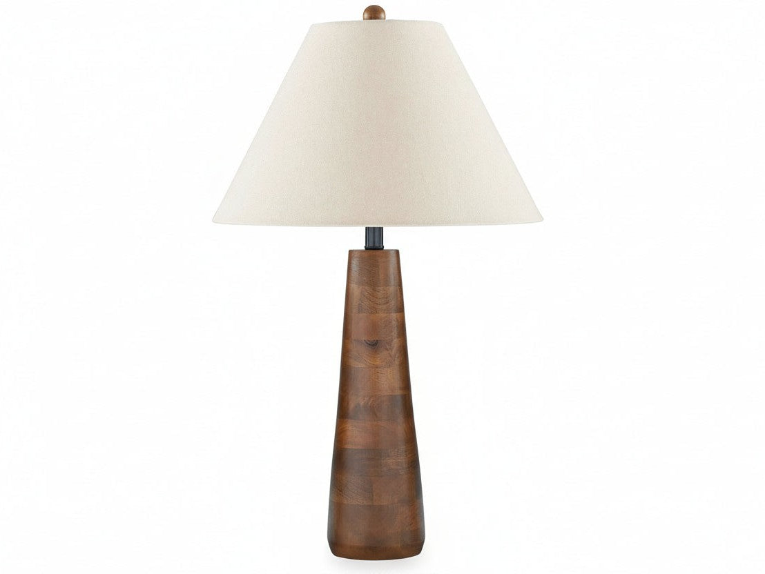 Danset table lamp with wooden base and white shade on a white background.