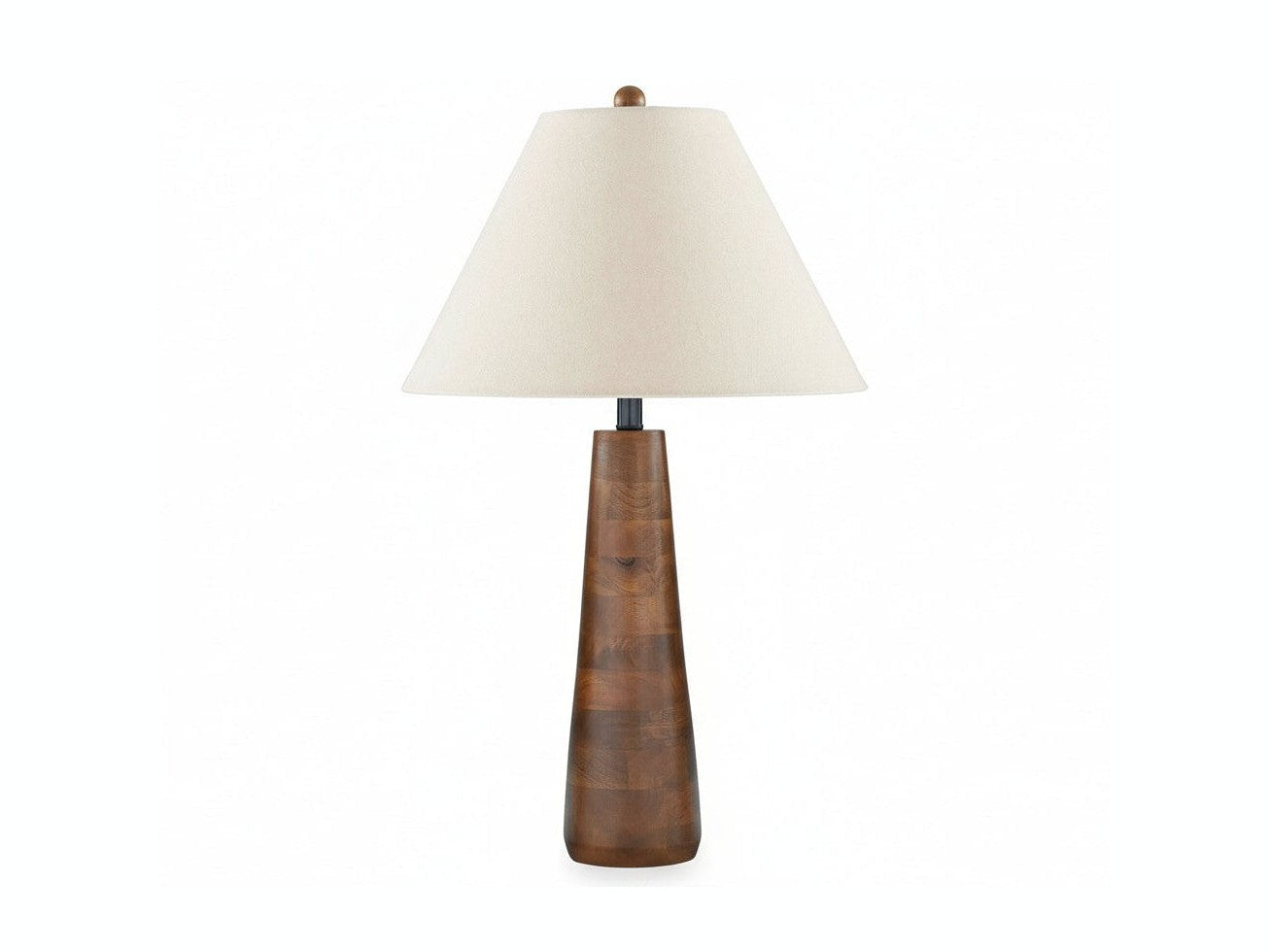 Danset table lamp with wooden base and white shade on a white background.