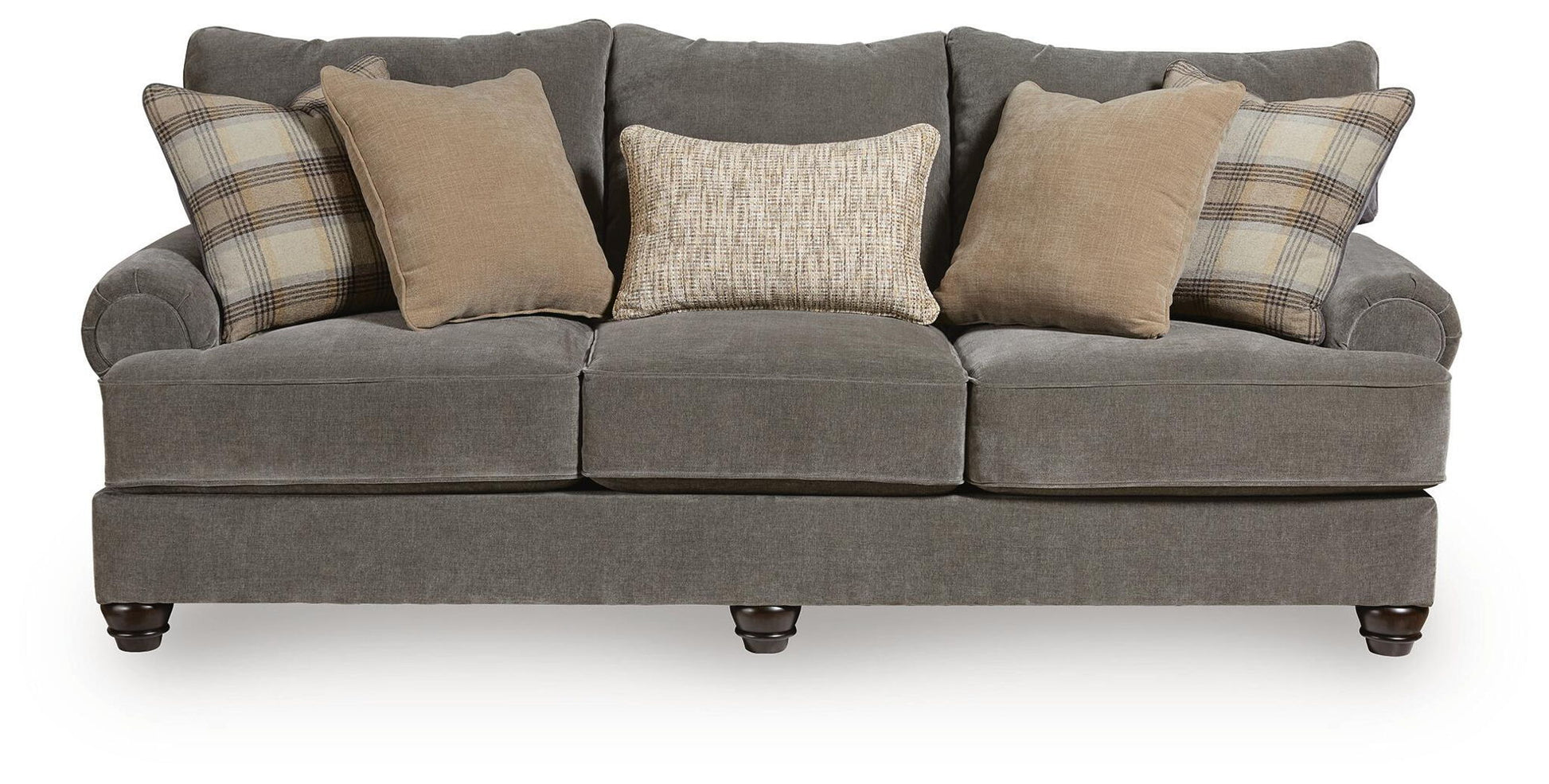 A three-seat gray upholstered sofa with rolled arms, dark wooden feet, and five decorative throw pillows in beige, textured cream, and plaid patterns, shown against a plain white background.